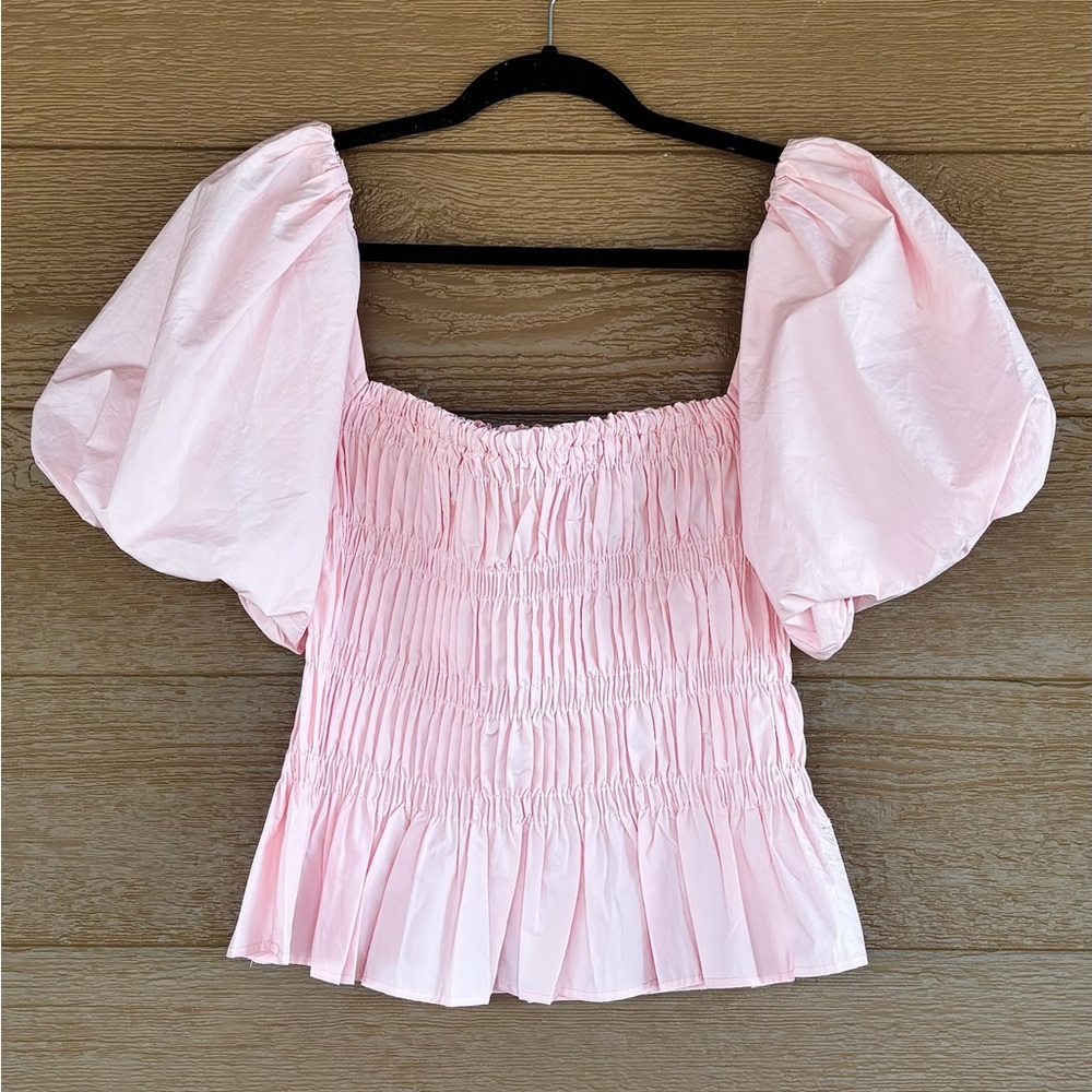 Astr Pink Puff Sleeve Smocked Peplum Top